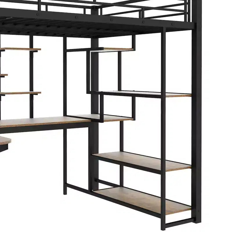 Full size Metal Loft Bed with Desk and Small Wardrobe, Full High Loft Bed with Storage Staircase and Shelves for Kids Teens Adults
