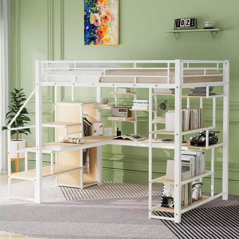 Full size Metal Loft Bed with Desk and Small Wardrobe, Full High Loft Bed with Storage Staircase and Shelves for Kids Teens Adults