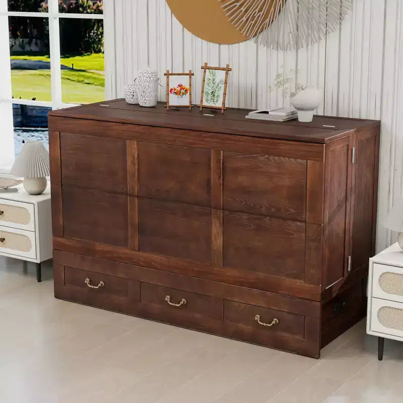 Solid Wood Frame Queen Murphy Bed Chest with Built-in Charger and 2 Strong Drawer
