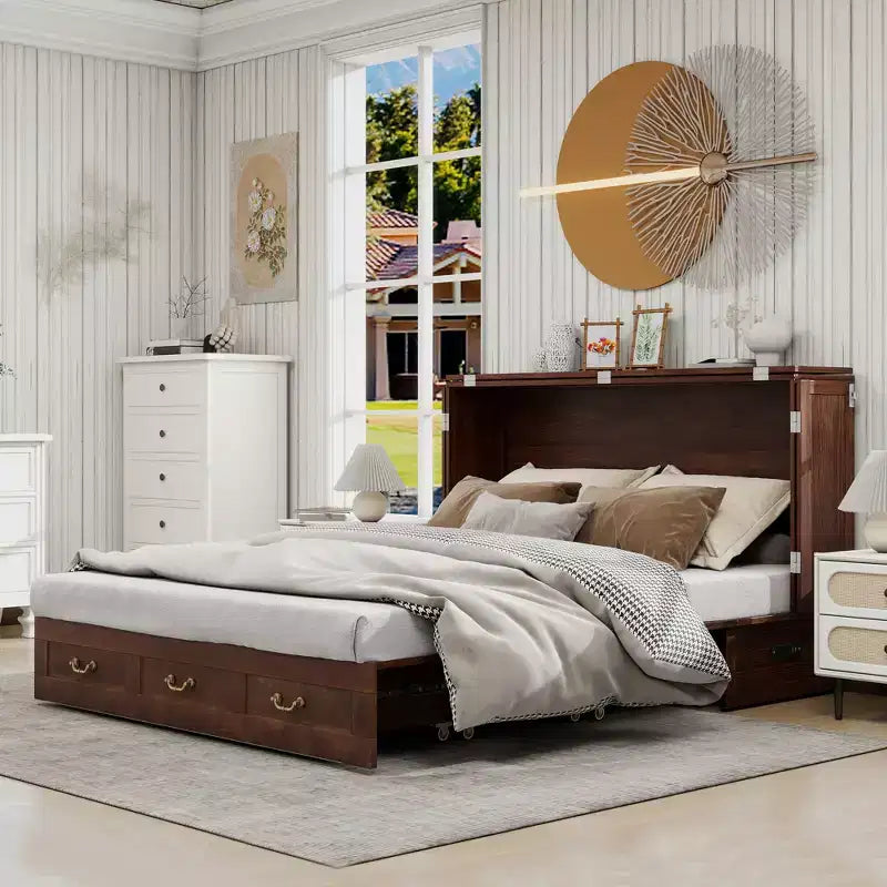 Solid Wood Frame Queen Murphy Bed Chest with Built-in Charger and 2 Strong Drawer