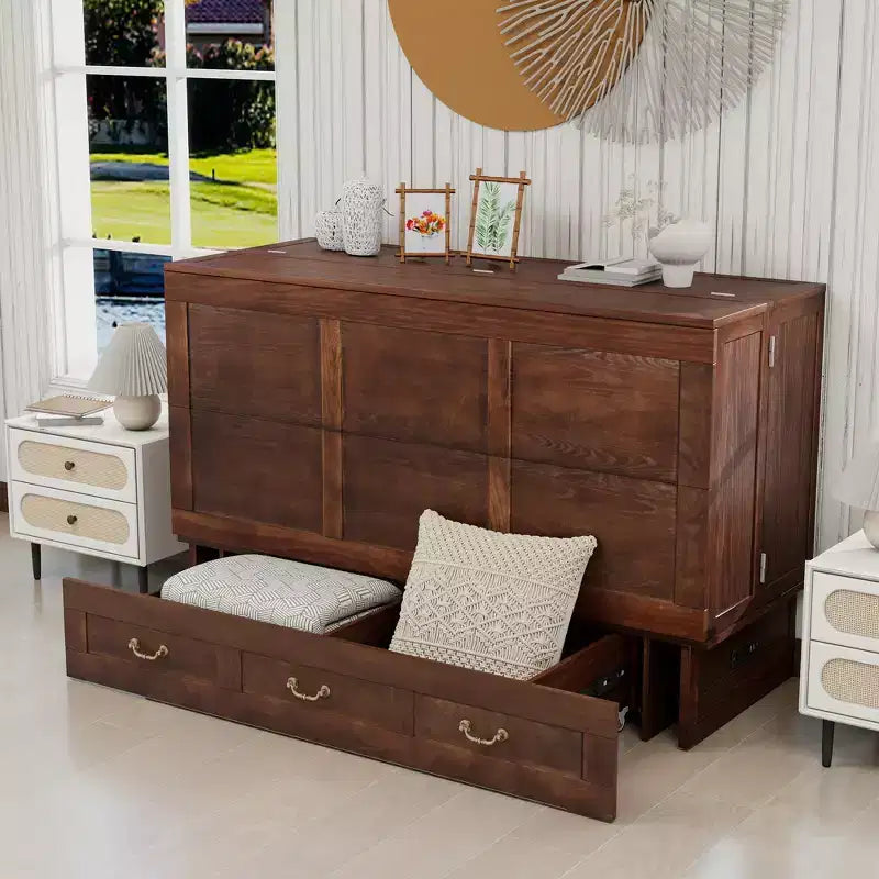 Solid Wood Frame Queen Murphy Bed Chest with Built-in Charger and 2 Strong Drawer