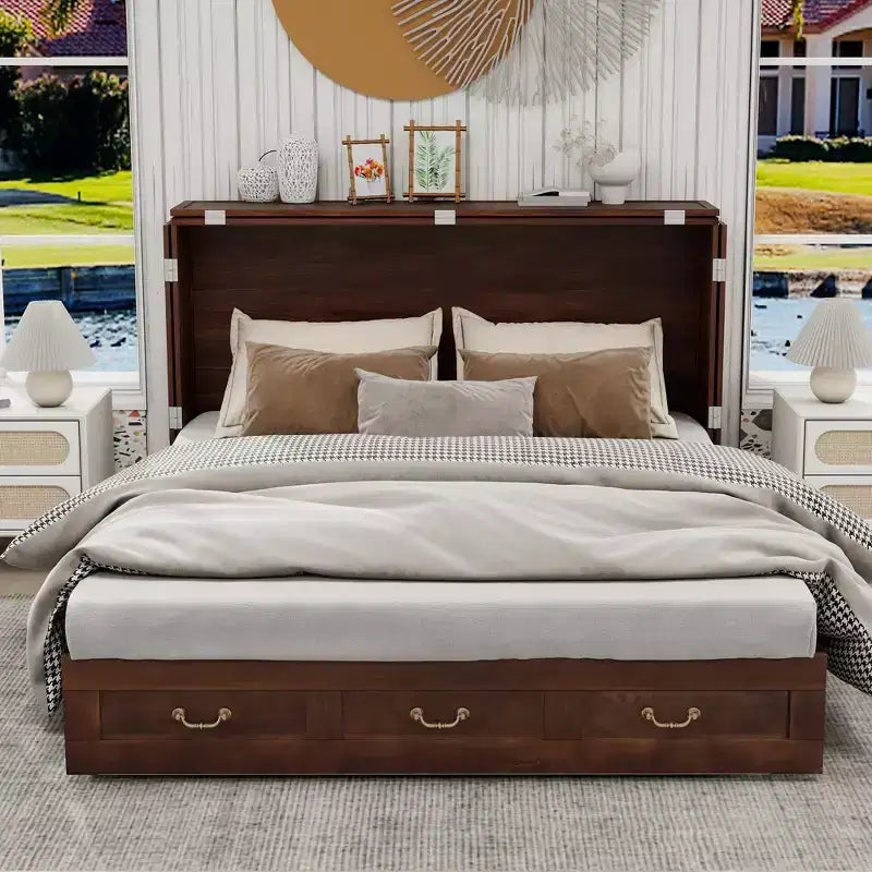 Solid Wood Frame Queen Murphy Bed Chest with Built-in Charger and 2 Strong Drawer