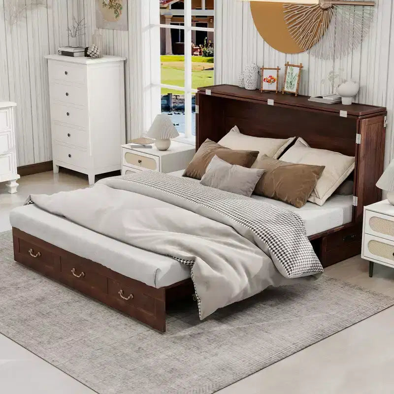 Solid Wood Frame Queen Murphy Bed Chest with Built-in Charger and 2 Strong Drawer