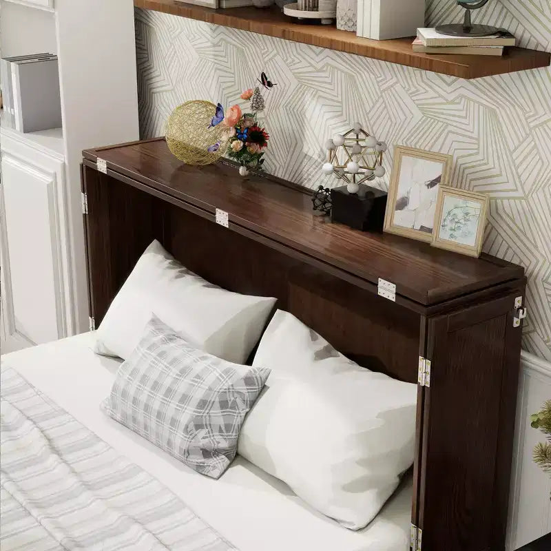 Solid Wood Frame Queen Murphy Bed Chest with Built-in Charger and 2 Strong Drawer