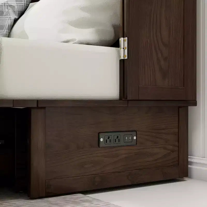 Solid Wood Frame Queen Murphy Bed Chest with Built-in Charger and 2 Strong Drawer