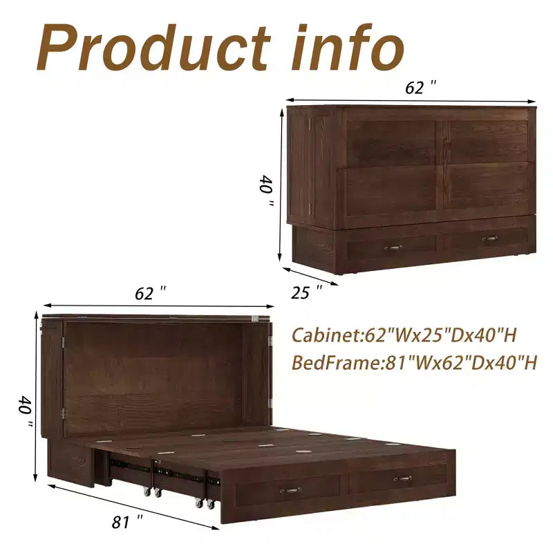 Solid Wood Frame Queen Murphy Bed Chest with Built-in Charger and 2 Strong Drawer