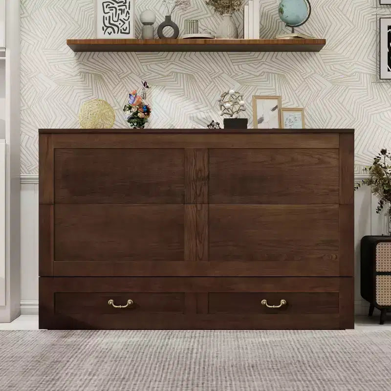 Solid Wood Frame Queen Murphy Bed Chest with Built-in Charger and 2 Strong Drawer