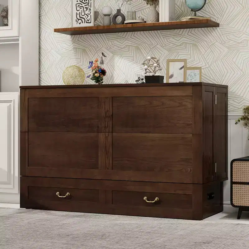 Solid Wood Frame Queen Murphy Bed Chest with Built-in Charger and 2 Strong Drawer