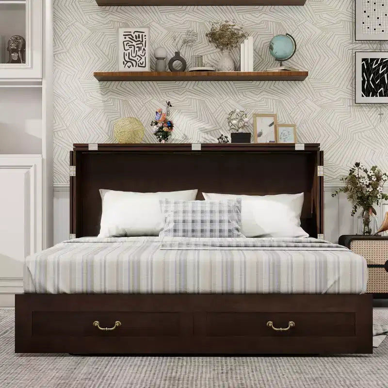 Solid Wood Frame Queen Murphy Bed Chest with Built-in Charger and 2 Strong Drawer