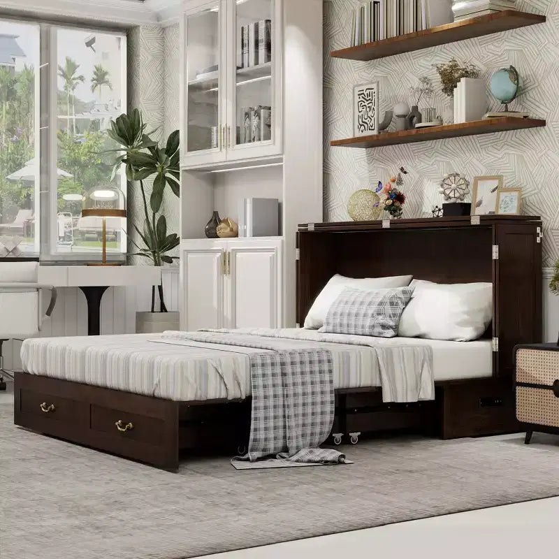 Solid Wood Frame Queen Murphy Bed Chest with Built-in Charger and 2 Strong Drawer