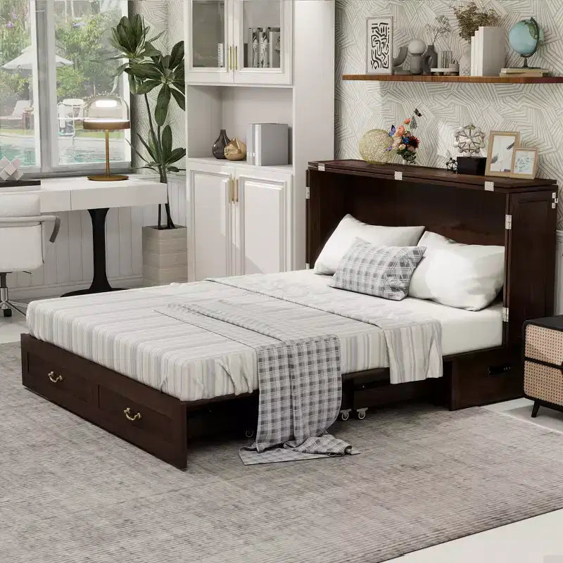 Solid Wood Frame Queen Murphy Bed Chest with Built-in Charger and 2 Strong Drawer