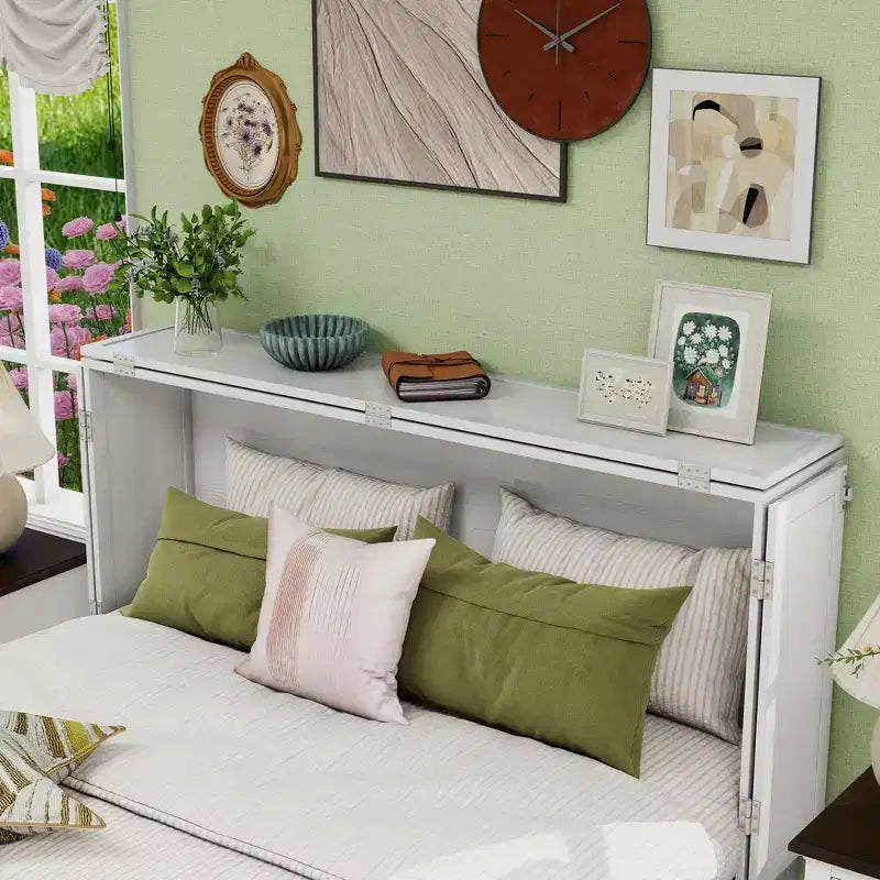 Solid Wood Frame Queen Murphy Bed Chest with Built-in Charger and 2 Strong Drawer