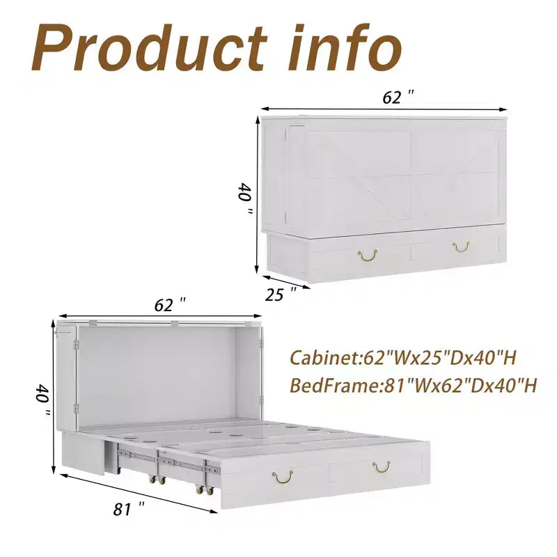 Solid Wood Frame Queen Murphy Bed Chest with Built-in Charger and 2 Strong Drawer