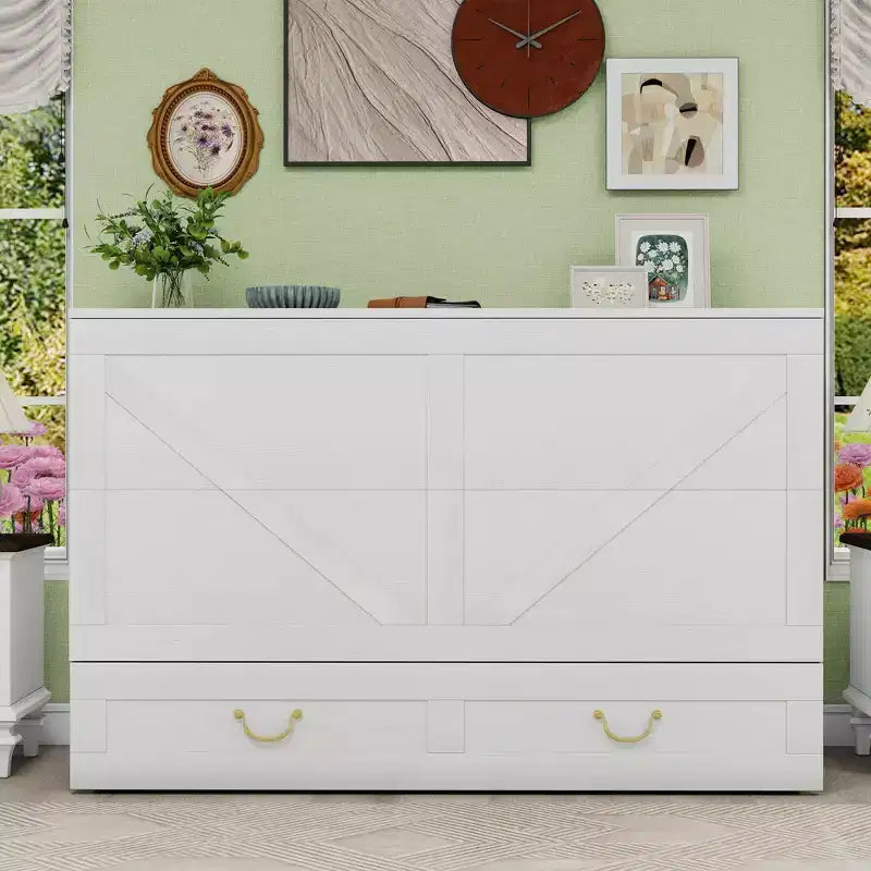 Solid Wood Frame Queen Murphy Bed Chest with Built-in Charger and 2 Strong Drawer