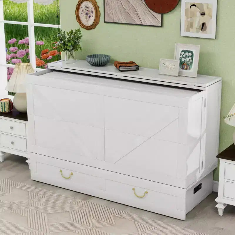 Solid Wood Frame Queen Murphy Bed Chest with Built-in Charger and 2 Strong Drawer
