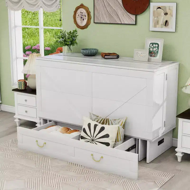 Solid Wood Frame Queen Murphy Bed Chest with Built-in Charger and 2 Strong Drawer