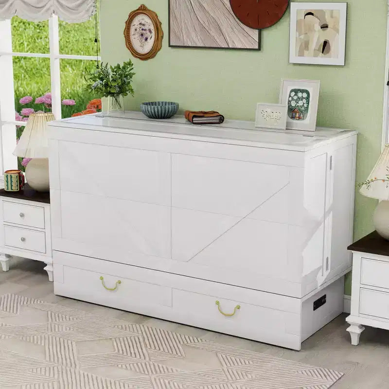 Solid Wood Frame Queen Murphy Bed Chest with Built-in Charger and 2 Strong Drawer