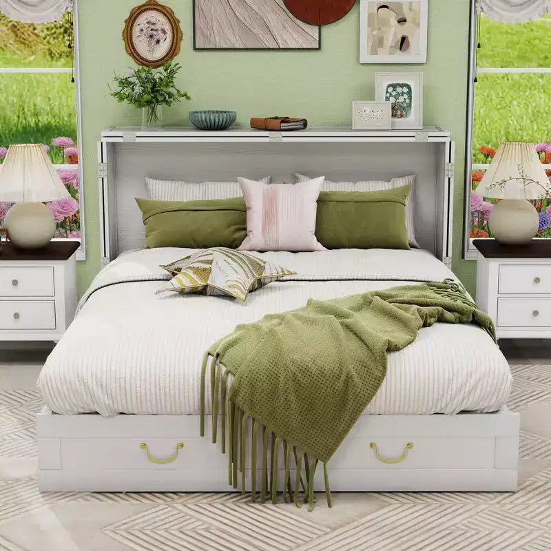 Solid Wood Frame Queen Murphy Bed Chest with Built-in Charger and 2 Strong Drawer