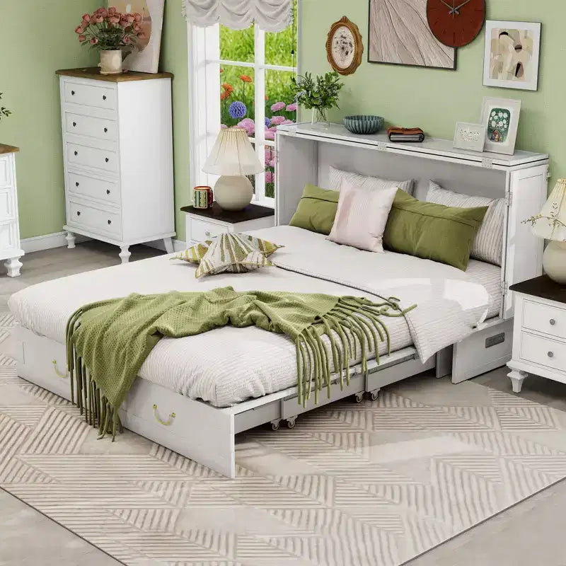 Solid Wood Frame Queen Murphy Bed Chest with Built-in Charger and 2 Strong Drawer
