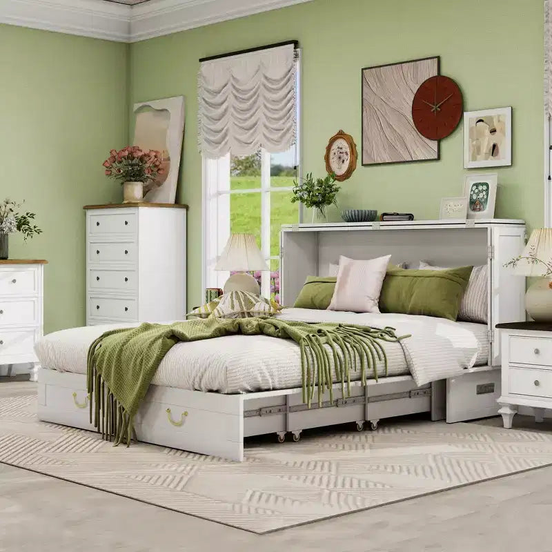 Solid Wood Frame Queen Murphy Bed Chest with Built-in Charger and 2 Strong Drawer