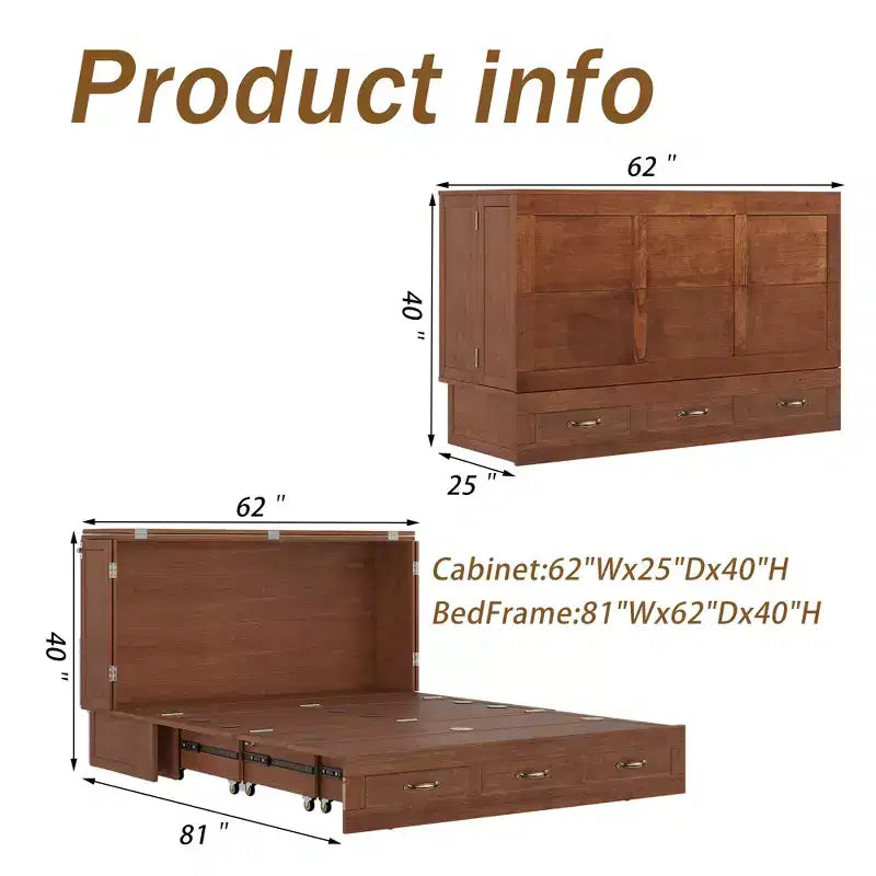 Solid Wood Frame Queen Murphy Bed Chest with Built-in Charger and 2 Strong Drawer