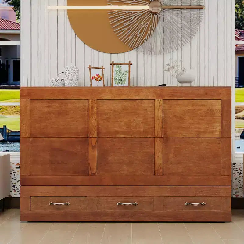 Solid Wood Frame Queen Murphy Bed Chest with Built-in Charger and 2 Strong Drawer