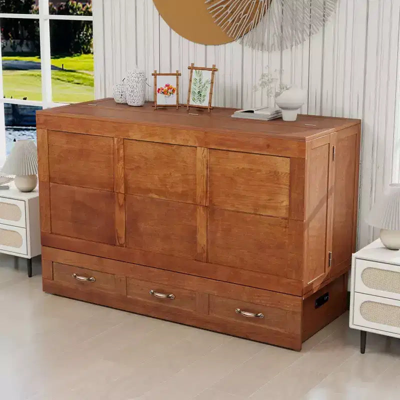 Solid Wood Frame Queen Murphy Bed Chest with Built-in Charger and 2 Strong Drawer