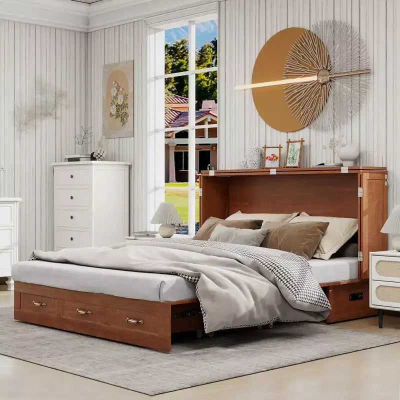 Solid Wood Frame Queen Murphy Bed Chest with Built-in Charger and 2 Strong Drawer