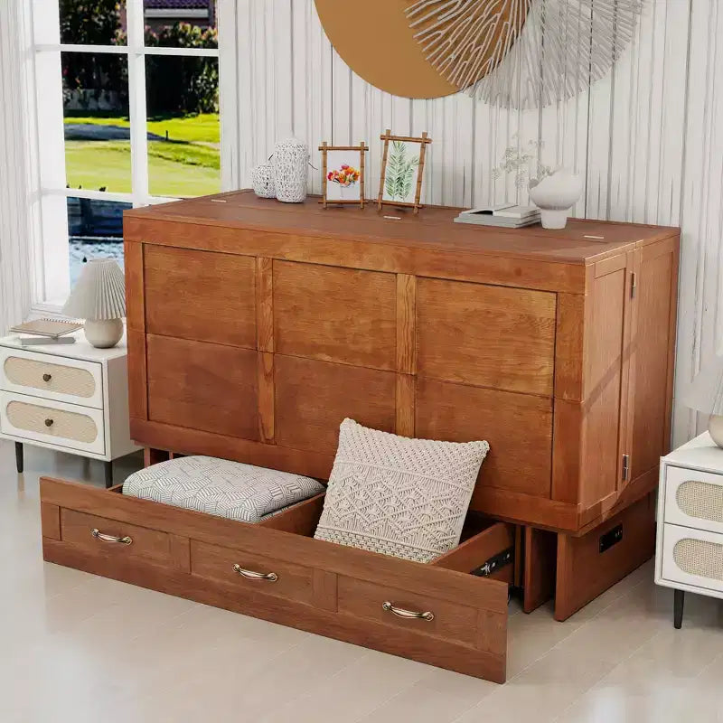 Solid Wood Frame Queen Murphy Bed Chest with Built-in Charger and 2 Strong Drawer