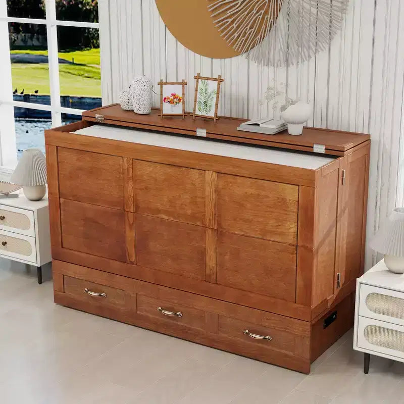 Solid Wood Frame Queen Murphy Bed Chest with Built-in Charger and 2 Strong Drawer