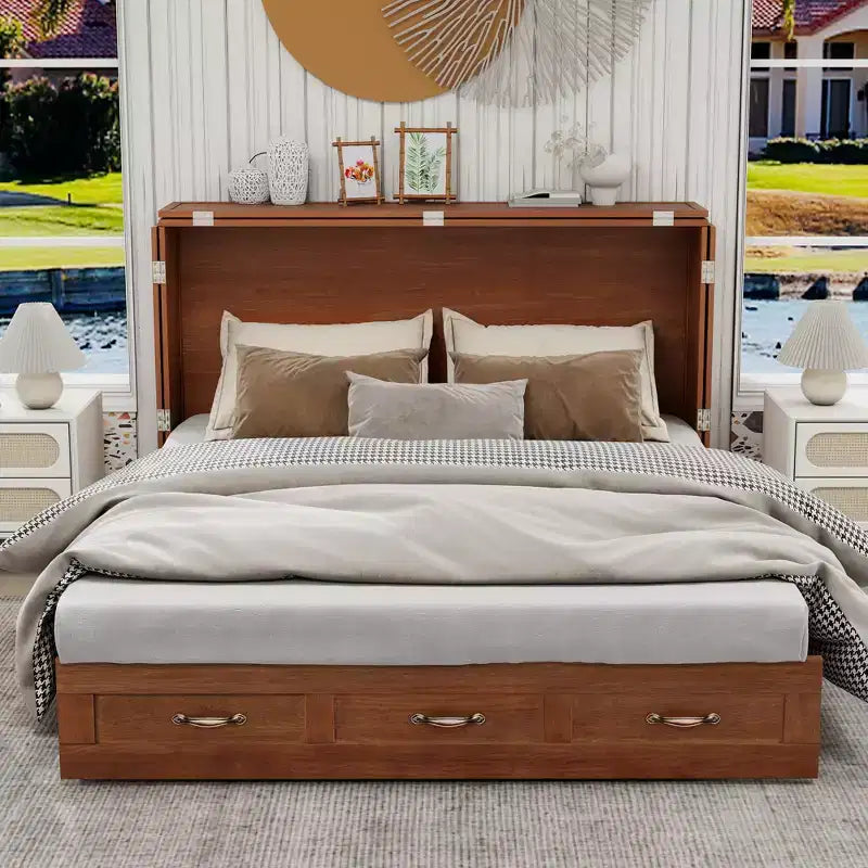 Solid Wood Frame Queen Murphy Bed Chest with Built-in Charger and 2 Strong Drawer