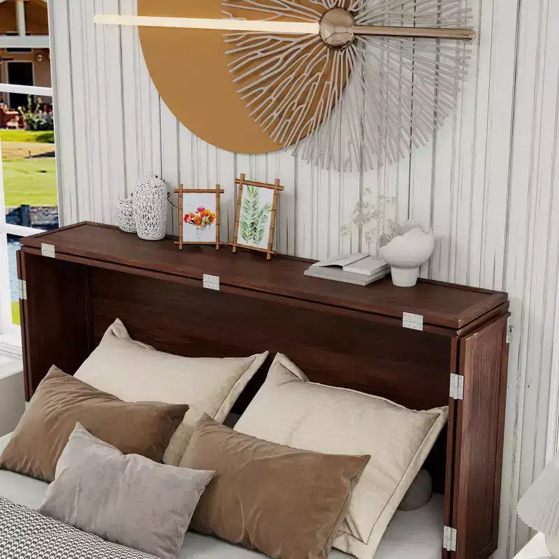 Solid Wood Frame Queen Murphy Bed Chest with Built-in Charger and 2 Strong Drawer