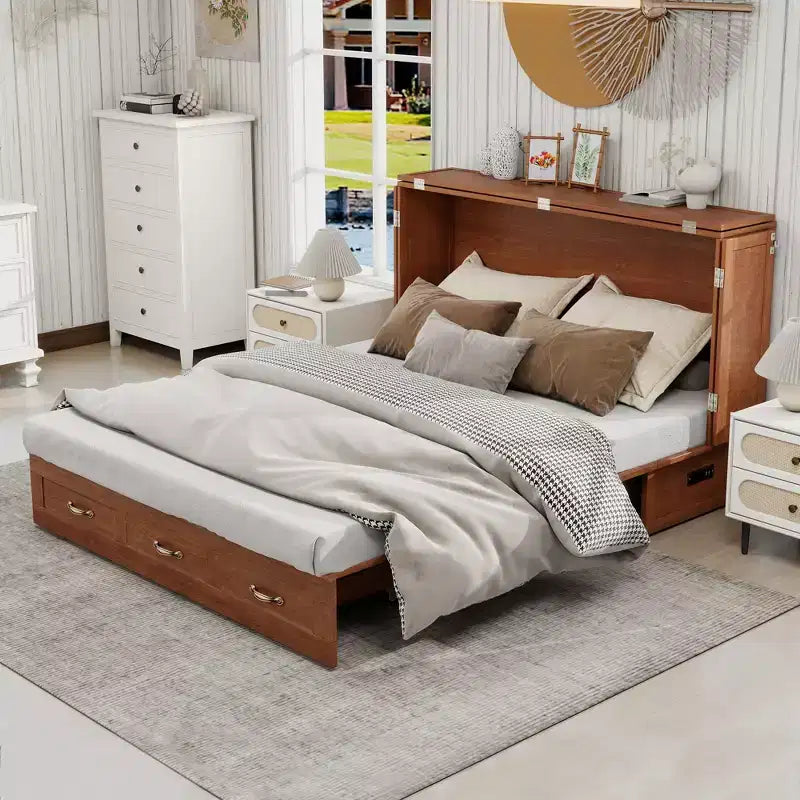 Solid Wood Frame Queen Murphy Bed Chest with Built-in Charger and 2 Strong Drawer