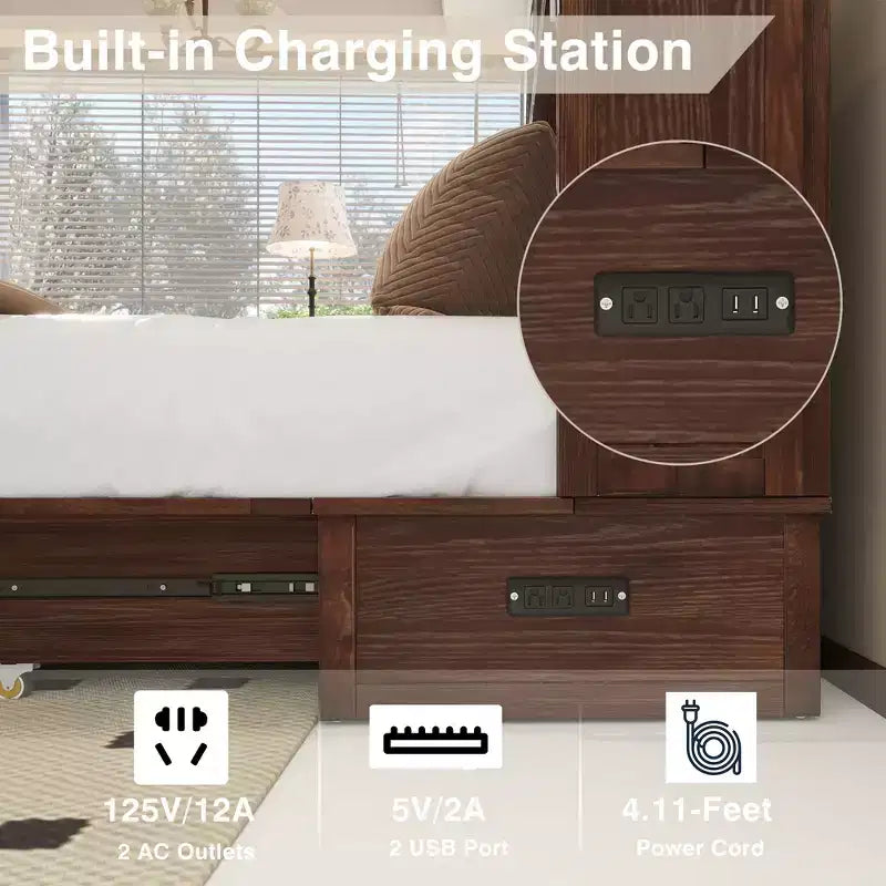 Solid Wood Frame Queen Murphy Bed Chest with Built-in Charger and 2 Strong Drawer