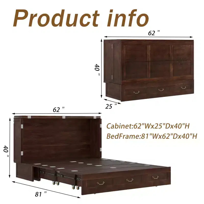Solid Wood Frame Queen Murphy Bed Chest with Built-in Charger and 2 Strong Drawer