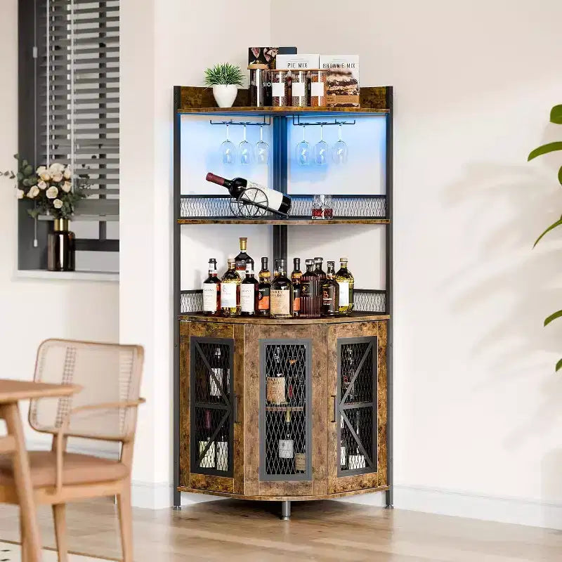 64 Tall Corner Bar Cabinet with LED Strip, 5-Tiers Industrial Bar Cabinet with Power Outlet and Glass Holder, Wine Cabinet for Home Bar, for Home