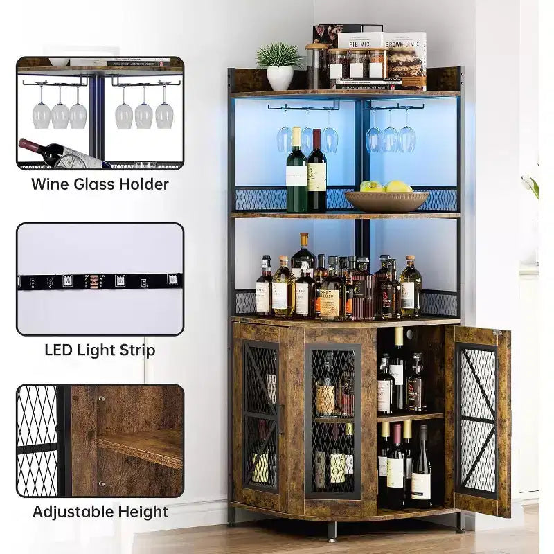 64 Tall Corner Bar Cabinet with LED Strip, 5-Tiers Industrial Bar Cabinet with Power Outlet and Glass Holder, Wine Cabinet for Home Bar, for Home