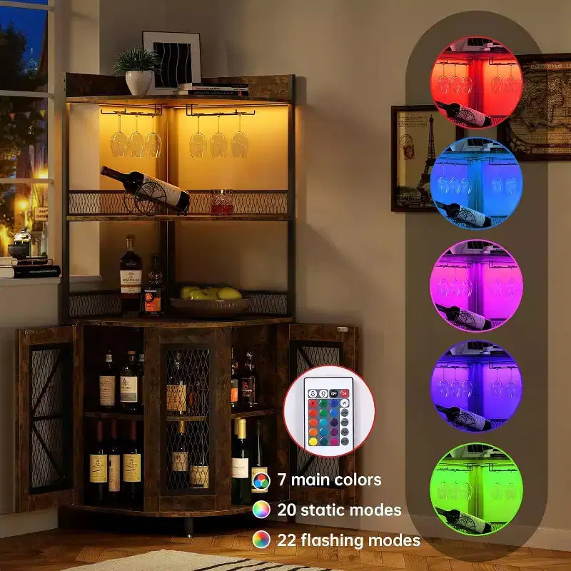 64 Tall Corner Bar Cabinet with LED Strip, 5-Tiers Industrial Bar Cabinet with Power Outlet and Glass Holder, Wine Cabinet for Home Bar, for Home