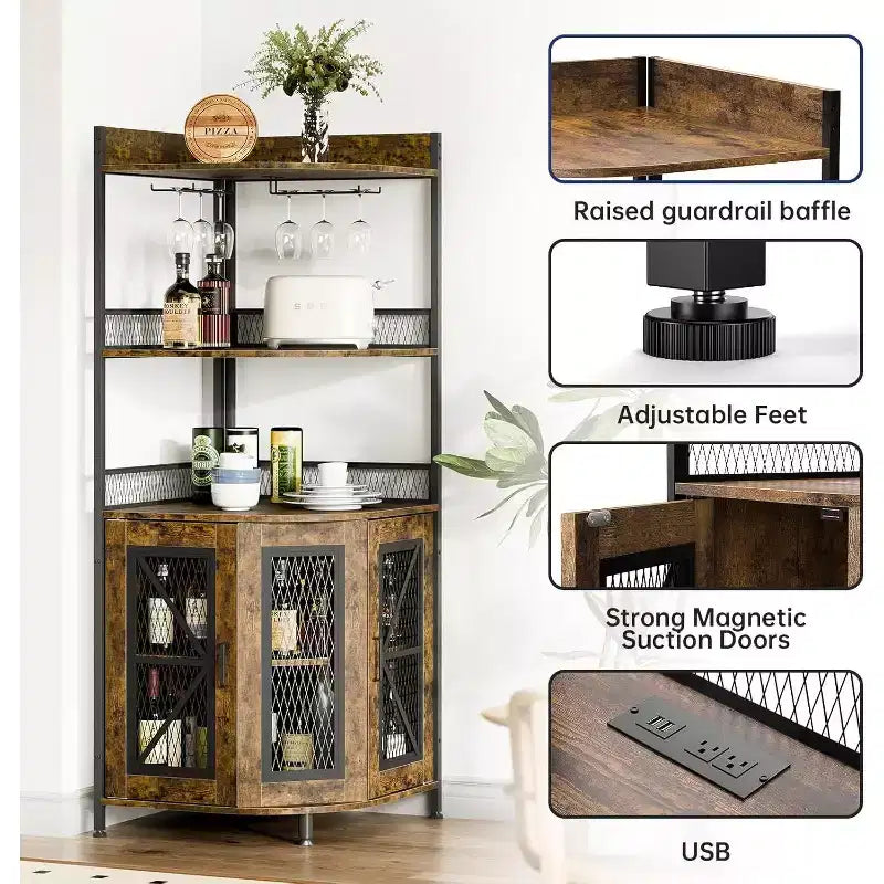 64 Tall Corner Bar Cabinet with LED Strip, 5-Tiers Industrial Bar Cabinet with Power Outlet and Glass Holder, Wine Cabinet for Home Bar, for Home