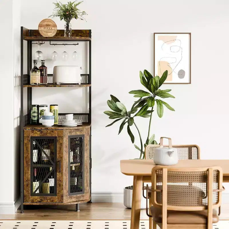 64 Tall Corner Bar Cabinet with LED Strip, 5-Tiers Industrial Bar Cabinet with Power Outlet and Glass Holder, Wine Cabinet for Home Bar, for Home