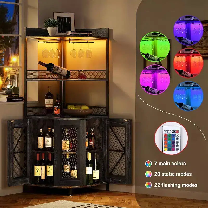 64 Tall Corner Bar Cabinet with LED Strip, 5-Tiers Industrial Bar Cabinet with Power Outlet and Glass Holder, Wine Cabinet for Home Bar, for Home