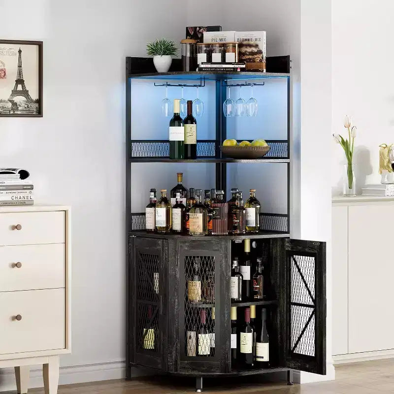 64 Tall Corner Bar Cabinet with LED Strip, 5-Tiers Industrial Bar Cabinet with Power Outlet and Glass Holder, Wine Cabinet for Home Bar, for Home