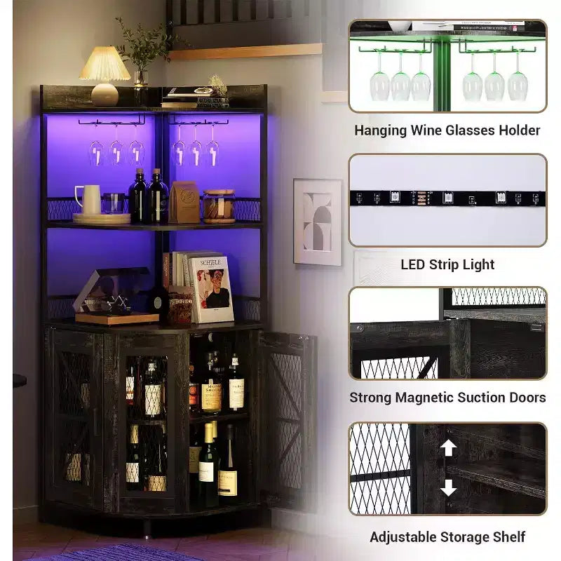 64 Tall Corner Bar Cabinet with LED Strip, 5-Tiers Industrial Bar Cabinet with Power Outlet and Glass Holder, Wine Cabinet for Home Bar, for Home