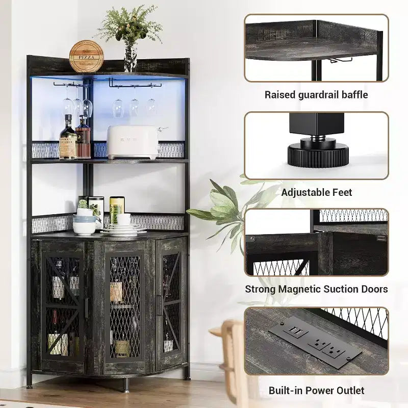 64 Tall Corner Bar Cabinet with LED Strip, 5-Tiers Industrial Bar Cabinet with Power Outlet and Glass Holder, Wine Cabinet for Home Bar, for Home