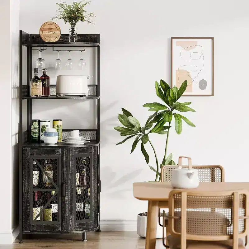64 Tall Corner Bar Cabinet with LED Strip, 5-Tiers Industrial Bar Cabinet with Power Outlet and Glass Holder, Wine Cabinet for Home Bar, for Home
