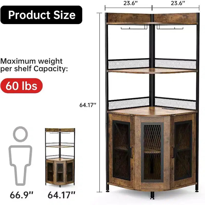 64 Tall Corner Bar Cabinet with LED Strip, 5-Tiers Industrial Bar Cabinet with Power Outlet and Glass Holder, Wine Cabinet for Home Bar, for Home