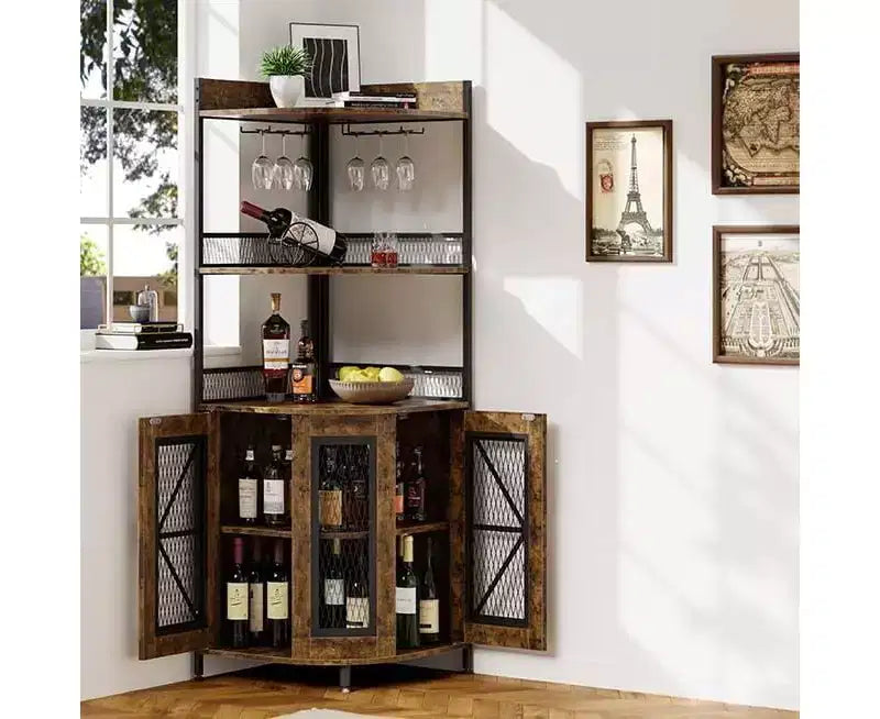 64 Tall Corner Bar Cabinet with LED Strip, 5-Tiers Industrial Bar Cabinet with Power Outlet and Glass Holder, Wine Cabinet for Home Bar, for Home