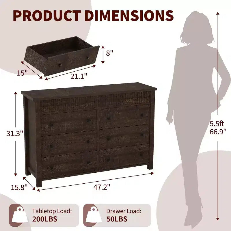 6-Drawer Dresser & TV Stand with Fluted Detailing, Wooden Storage Organizer for Bedroom, Living Room, or Hallway