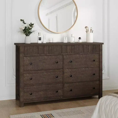 6-Drawer Dresser & TV Stand with Fluted Detailing, Wooden Storage Organizer for Bedroom, Living Room, or Hallway