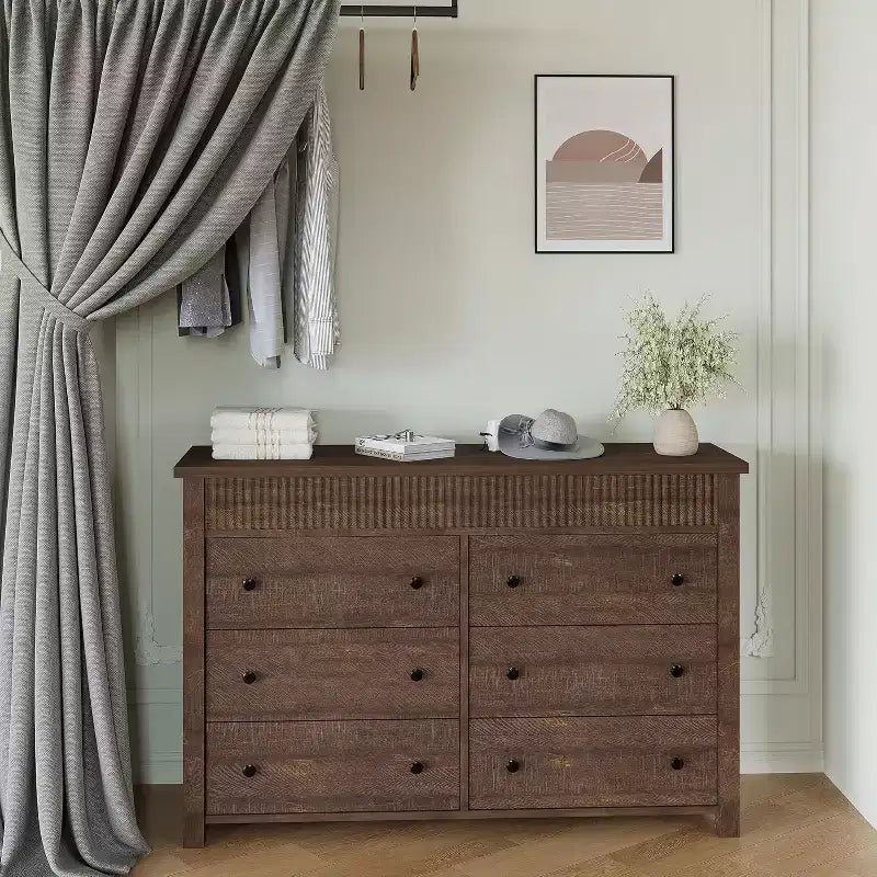 6-Drawer Dresser & TV Stand with Fluted Detailing, Wooden Storage Organizer for Bedroom, Living Room, or Hallway